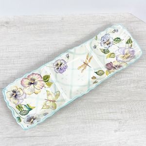 Vintage Capriware Pansy Collection Blue Floral Divided Serving Dish Dragonfly